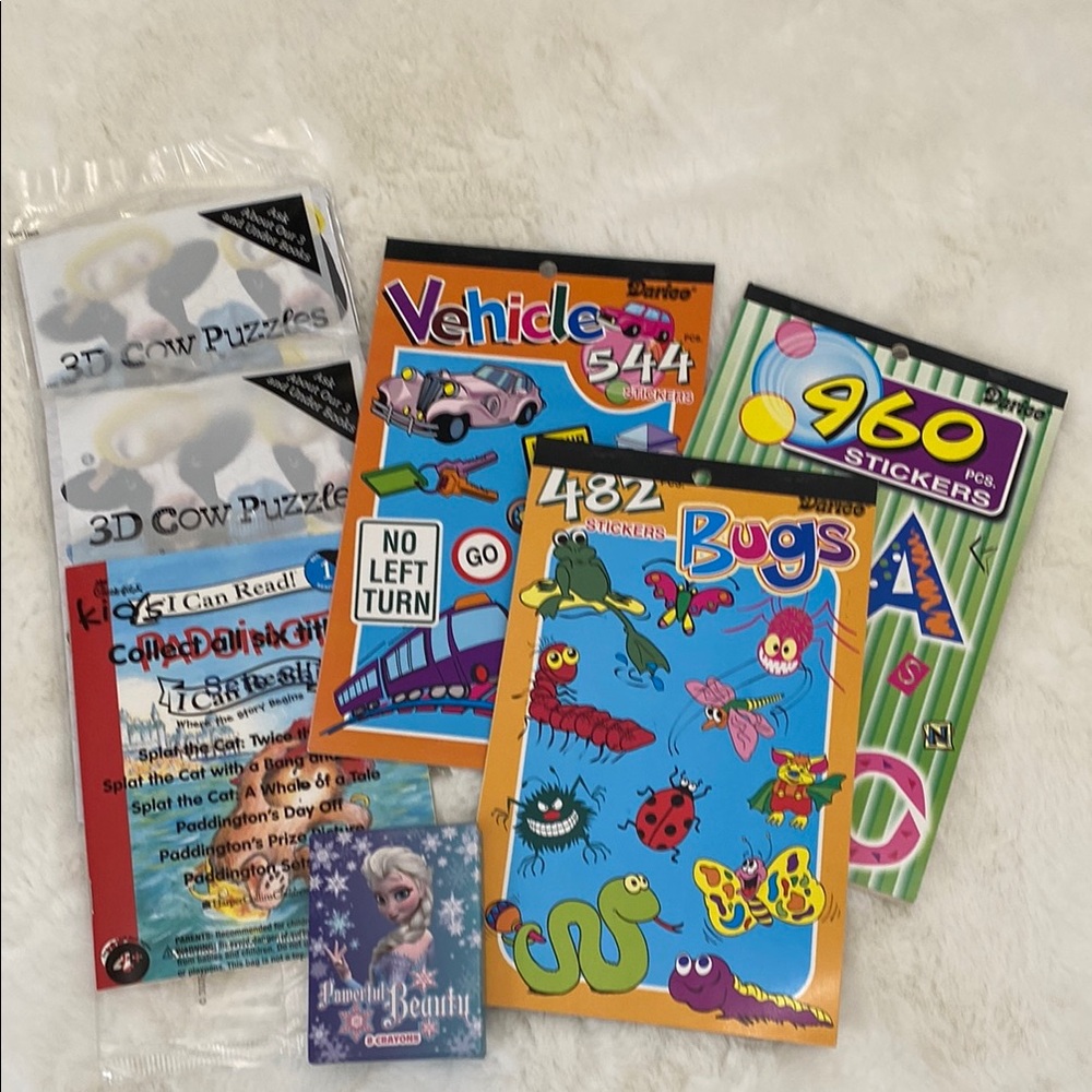 Kids Pk: 3 Chick-fil-A kids Packs, 3 Sticker Books:Bugs,Vehicle,Letters,Crayons